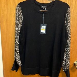 DKNY long sleeve black leopard woven top